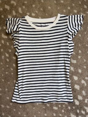GAP White and Navy Striped Ruffle Sleeve Top